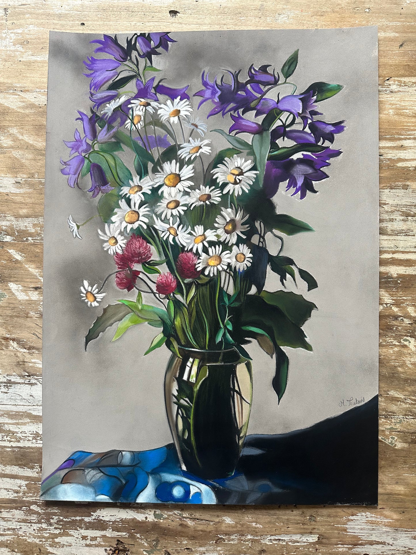 Dessin au pastel, Campanules et Marguerites