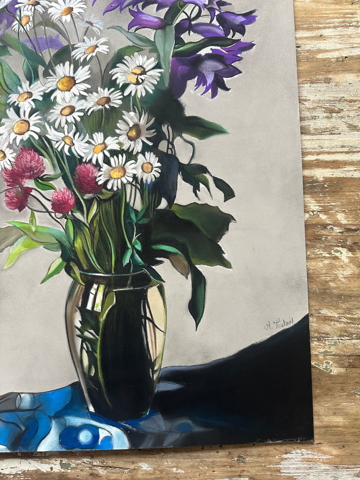 Dessin au pastel, Campanules et Marguerites