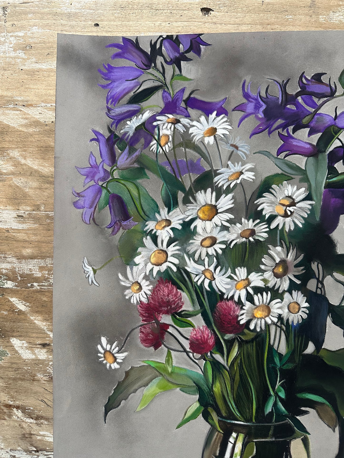 Dessin au pastel, Campanules et Marguerites