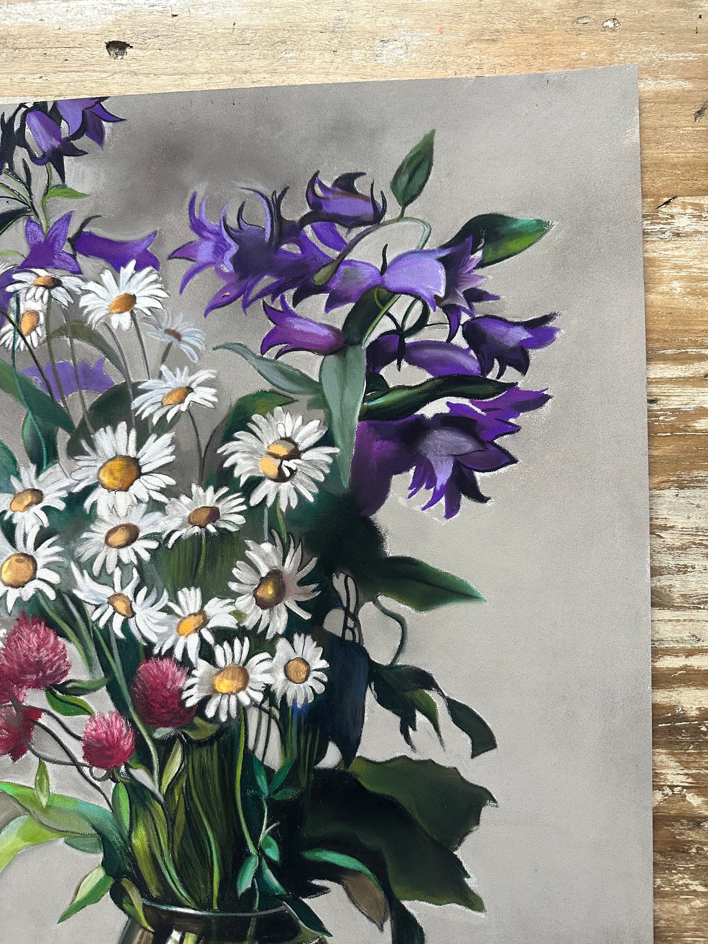 Dessin au pastel, Campanules et Marguerites