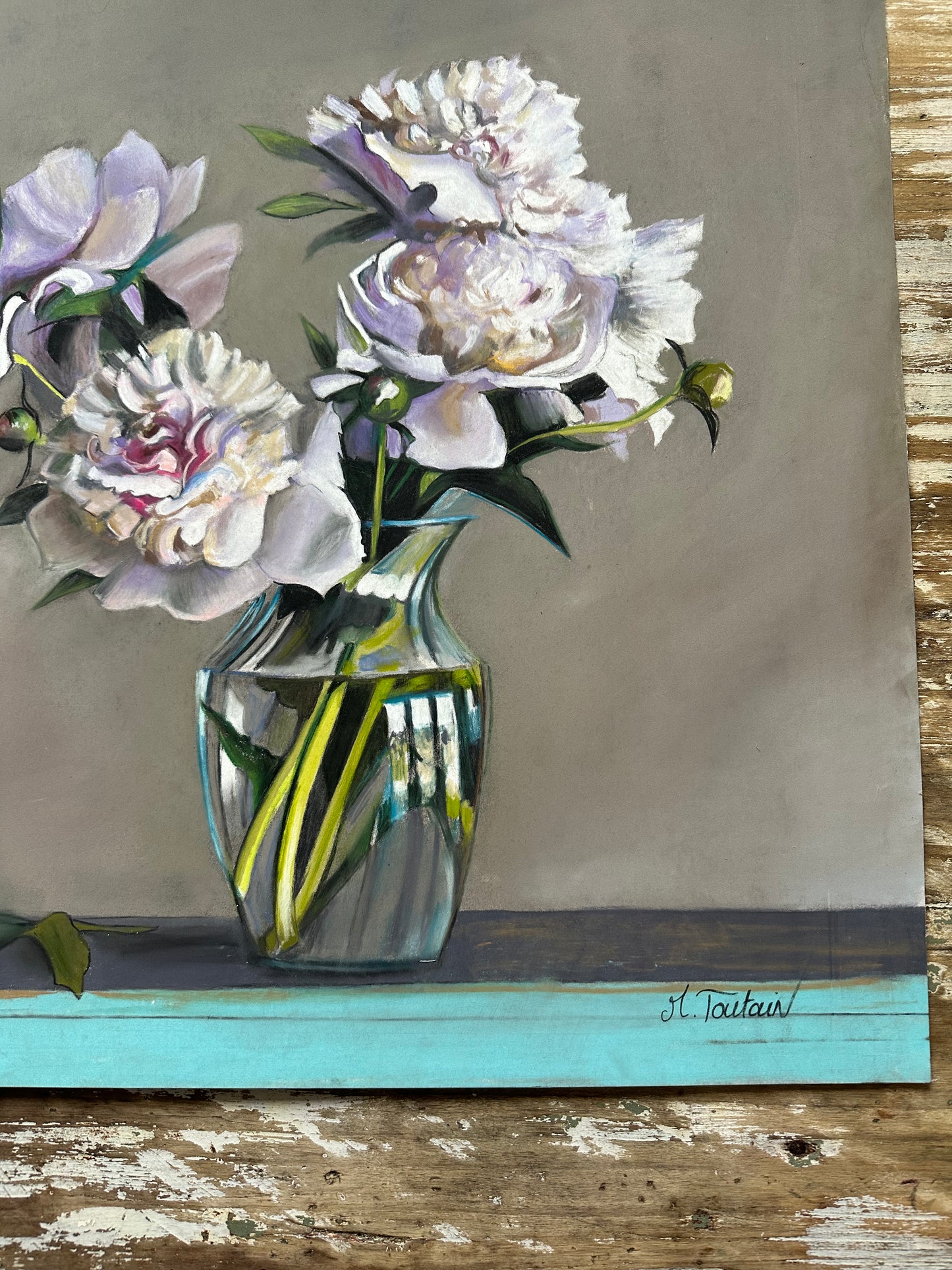 Dessin au pastel, les pivoines