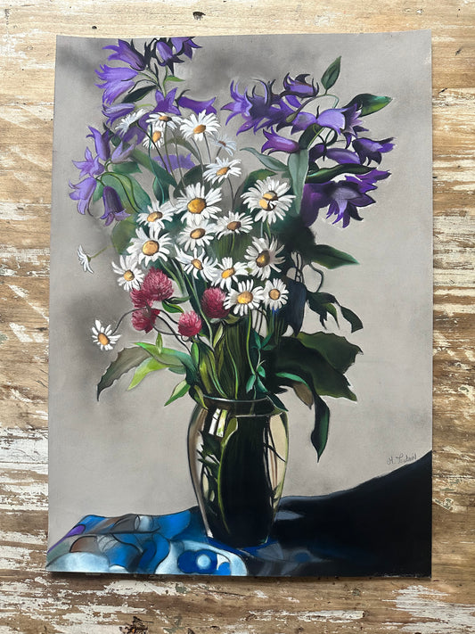 Dessin au pastel, Campanules et Marguerites